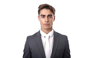 A man in a formal suit and tie is standing confidently, posing for a photograph with a professional demeanor. The backdrop is a simple, neutral setting that highlights his attire.