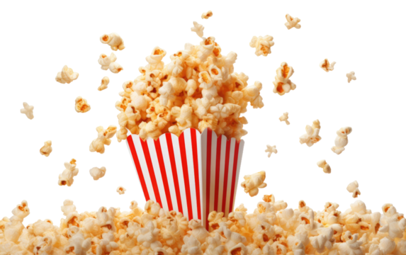 A red and white striped bucket filled with freshly popped popcorn, the kernels glistening with butter and salt. The bucket is standing on a flat surface, ready to be enjoyed.