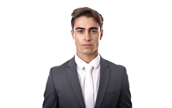 A man in a formal suit and tie is standing confidently, posing for a photograph with a professional demeanor. The backdrop is a simple, neutral setting that highlights his attire.