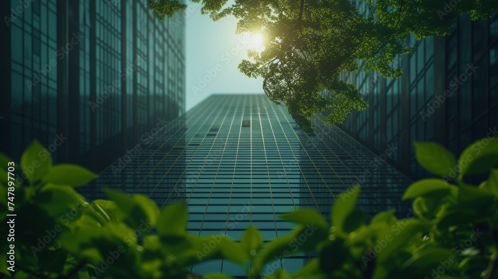 Poster Green tree branches with leaves and sustainable glass building for reducing heat and carbon dioxide. Office building with green environment.