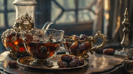 Fototapeta na wymiar A vintage metallic bowl filled with dates accompanies a serving of black tea, reflecting the tradition of Arabic hospitality where tea is customarily offered to guests