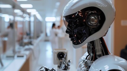 A robot with a striking black and red visor gazes into the distance, reflecting a world where machines and thoughts intersect. Its human-like posture evokes a sense of curiosity and sentience. AI
