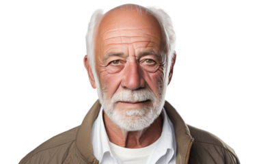 An elderly man with a long white beard and glasses is seen in close up. His wrinkled face reflects wisdom and experience as he gazes pensively at something off-camera.