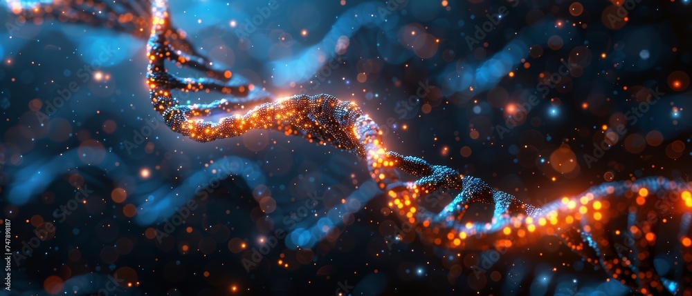 Poster An abstract dark and blue digital background displaying big data digital code, DNA biology data communication and transfer. Future information technology concept.