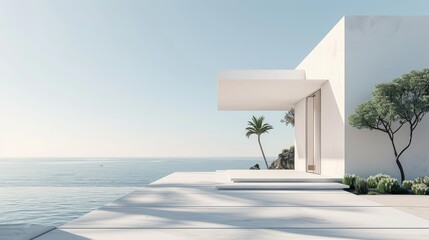 Fototapeta premium White modern house with concrete entrance on a sea view background.