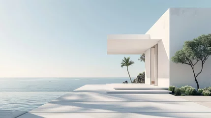 Poster White modern house with concrete entrance on a sea view background. © Zaleman