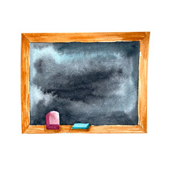 Hand drawing watercolor school board. Welcome back to school. Use for card, postcard, print, poster, book, illustration, template, design, photobook.