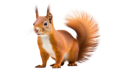 A red squirrel is depicted in the photograph, standing upright on its hind legs. The agile mammal balances itself while showcasing its characteristic bushy tail and fluffy fur.