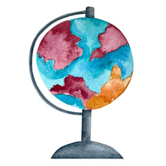 School globe watercolor style illustration isolated on white background. Blue and red terrestrial globe watercolor drawing. Watercolor school globe hand draw clipart