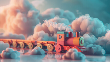 colorful Wooden Train toy on the cloud - obrazy, fototapety, plakaty