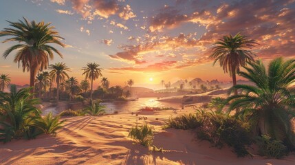 A stunning 3D rendering showcasing a picturesque oasis nestled within the sandy desert, capturing the panoramic beauty of the landscape as the sun sets over the golden sands
