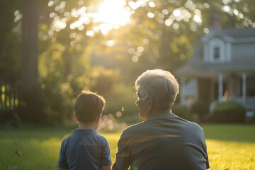 Express love of grandfather and grand son sitting outside in the sunset evening rear view photograph