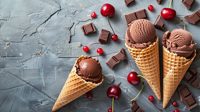 Gourmet chocolate cherry ice cream cones with fresh mint on dark background
