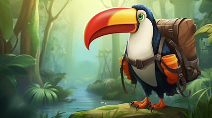 Exploring Toucan Bird With Backpack in Rainforest. Generative AI