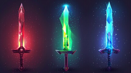 Vector illustration of futuristic swords emitting blue, green, red, and purple light reminiscent of...