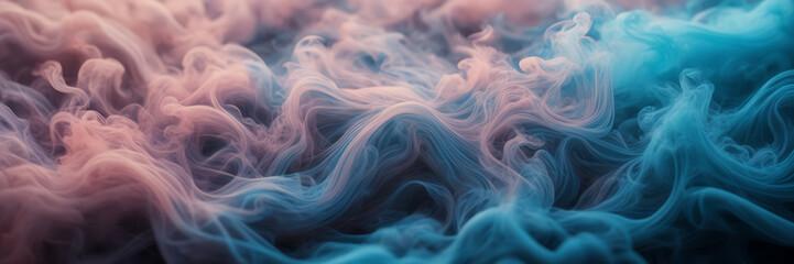 Close-up image revealing the intricate patterns of smoke tendrils in hues of turquoise and azure against a canvas of dusky pink. - obrazy, fototapety, plakaty