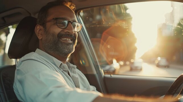 The picture shows a happy middle-eastern man with casual clothing driving a brand new, nice car, taken from the dashboard, during summer vacation.