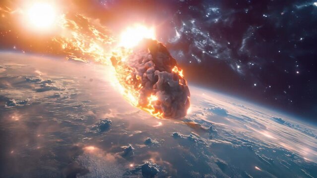 a huge gigantic burning asteroid in space flying towards the planet earth, meteorite