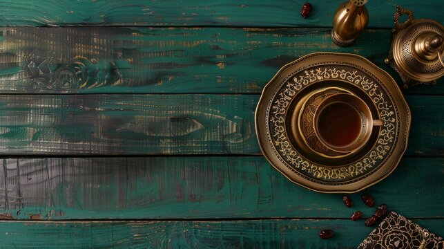 A dark green wooden background hosts a bronze plate with dates, a coffee cup, an Arabic lantern, and a lamp, creating a festive Ramadan atmosphere in a flat lay arrangement