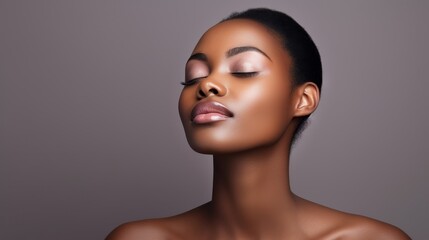 An African American skincare model poses against a grey background with closed eyes. A spa treatment concept.