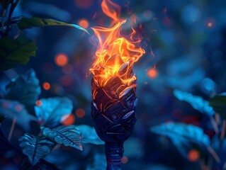 Photorealistic Flames Surrounding a Torch in the Woods