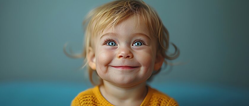 Blue background of a beautiful, happy, joyful little boy laughing