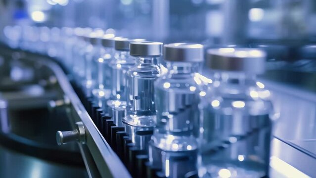 Medical vials on production line at pharmaceutical factory, Pharmaceutical machine working pharmaceutical glass bottles production line