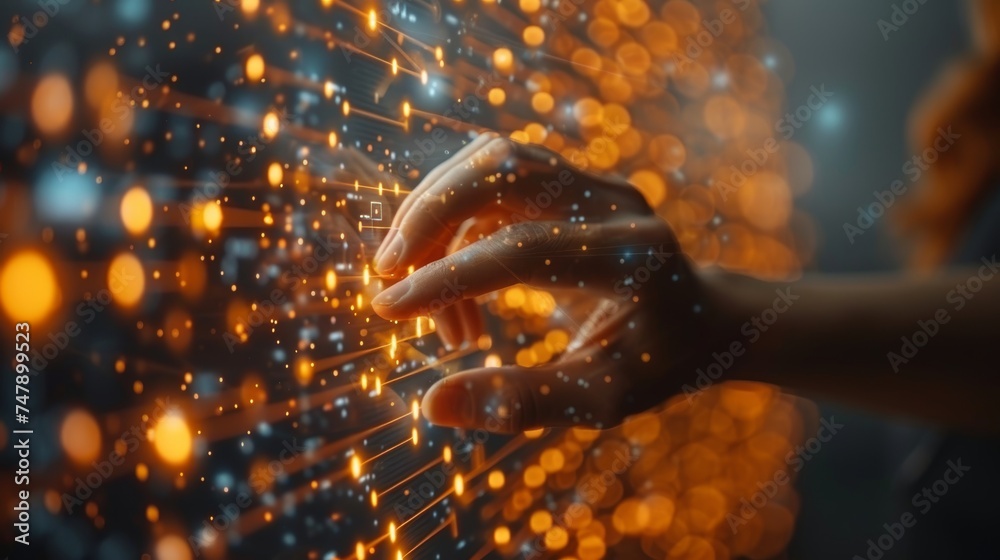 Poster A person touches data flowing on a virtual screen. Analytics, artificial intelligence, machine learning. Engineer or scientist analyzing streams of data.