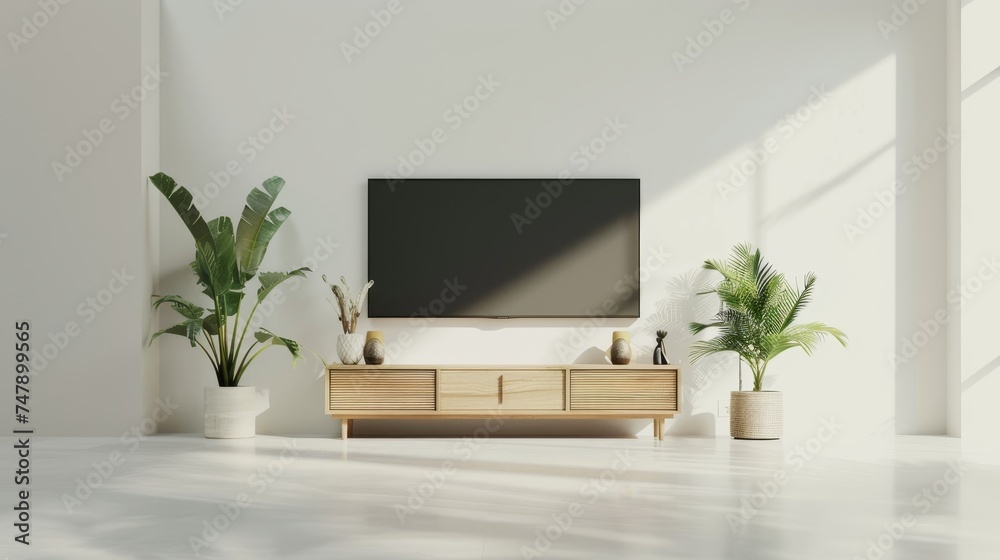 Sticker Interior design with furniture, laminate cabinet on white floor, 3D rendering of a minimal living room with TV on plain wall.