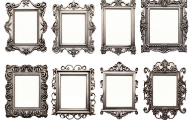 A collection of six intricately designed silver frames, each uniquely detailed and elegant. The frames glitter in the light, showcasing fine craftsmanship and ornate patterns.