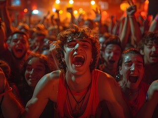Young Man with Arms Up at Music Festival during Unforgettable Performance