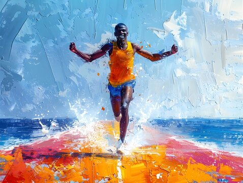 Vibrant Painting of Marathon Runner Jumping into the Ocean