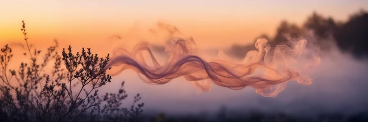 Abwaschbare Fototapete Photograph highlighting the ethereal beauty of smoke tendrils in hues of peach and apricot against a backdrop of dusky lavender. © Hans