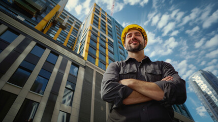 An architect on the construction site wearing yellow bump cap standing with hands folded looking into the camera smiling in front of a high rise building