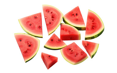 Several juicy slices of watermelon arranged neatly on a plain white surface. The vibrant red flesh contrasts with the green rind, creating a visually appealing display.