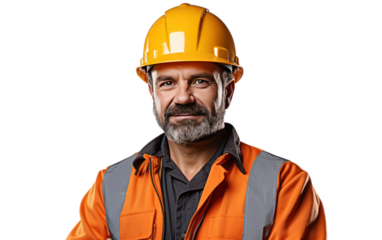 A man is seen wearing a bright orange safety vest and a yellow hard hat. He appears to be engaged in construction or road work, possibly ensuring safety protocols are being followed.