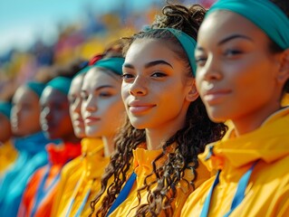 Female Athletes Dressed in Yellow Shirts Standing at Attention - obrazy, fototapety, plakaty