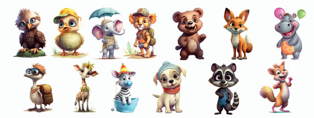 Adorable Collection of Cartoon Animals: From a Cute Owl to a Playful Fox, Each Character Brings Joy and Imagination