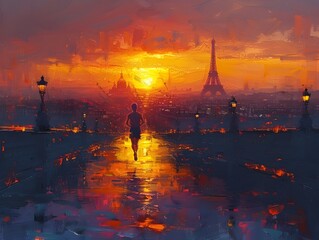 Watercolor Airplane Over Paris in Sunset with Digital Art Style - obrazy, fototapety, plakaty