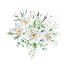 Fototapeta premium White flowers bouquet watercolor illustration, Spring bouquet wedding template.