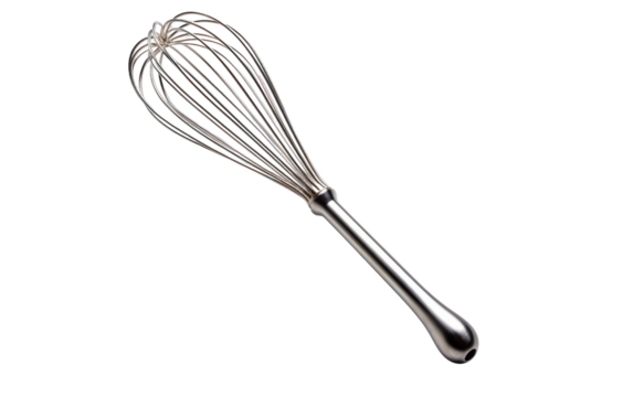 A metal whisk. The whisk consists of thin wires looped and held together by a handle. It is commonly used for beating, whipping, and mixing ingredients in cooking and baking.