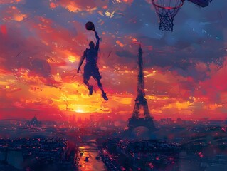 Basketball Player Dunking Over Dreamlike Cityscape