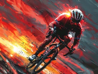 Fototapeta premium Daring Cyclist Racing through Flames in a Modern Painting