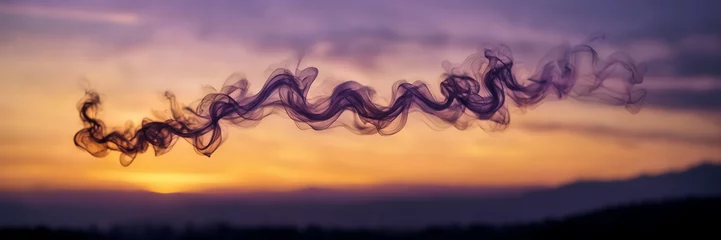 Rolgordijnen Photograph capturing the hypnotic allure of smoke tendrils in shades of amethyst and citrine against a backdrop of twilight. © Hans