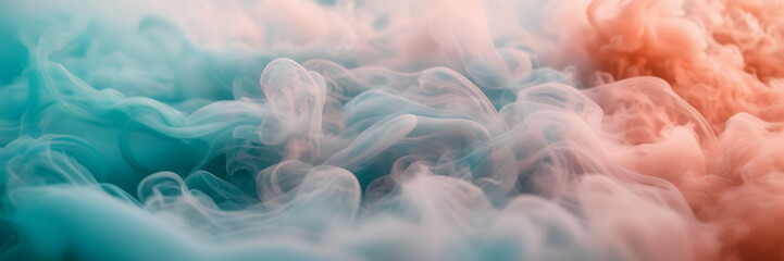 Photograph capturing the ethereal beauty of smoke tendrils in hues of aquamarine and seafoam against a backdrop of coral blush.