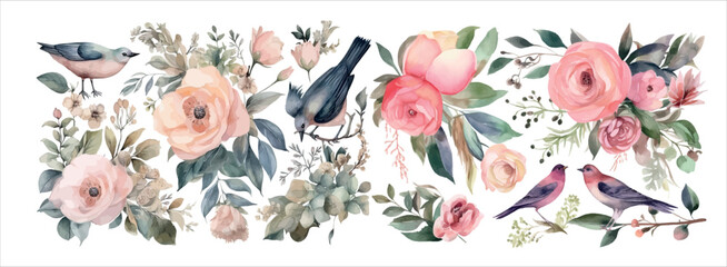 Elegant Watercolor Illustration Featuring Birds Amidst Blooming Flowers and Lush Foliage, Perfect for Invitations, Art Prints