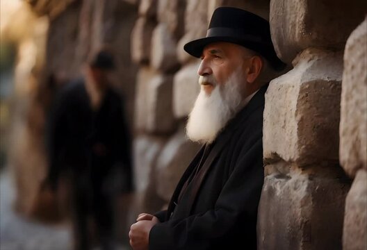 Jewish orthodox man in prayer, old jew in black praying near stone wall, spiritual reflection and tradition	