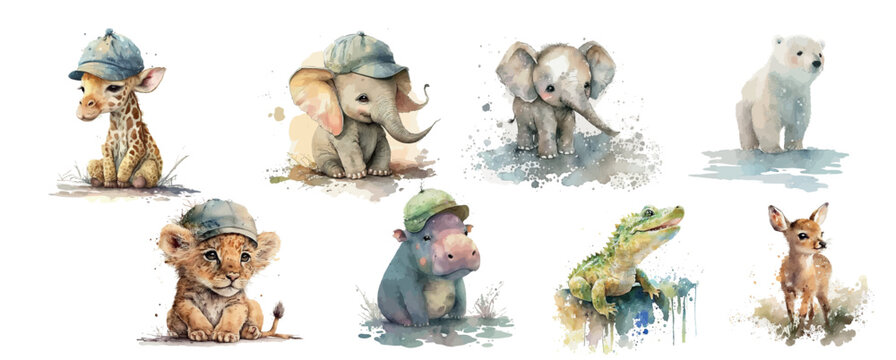 Watercolor Illustrations of Baby Animals: Giraffe, Elephants, Lion Cub, Hippo, Alligator, Deer, and Polar Bear Wearing Cute