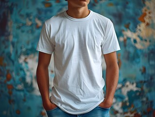 Stylish Young Man in White T-Shirt Posing Against Blue Wall