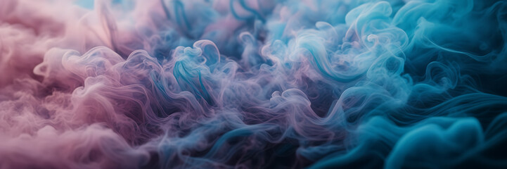 Close-up image revealing the intricate patterns of smoke tendrils in hues of turquoise and azure against a canvas of dusky pink. - obrazy, fototapety, plakaty